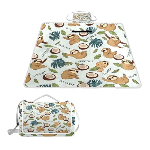 ALAZA Rechteckige, wasserdichte Picknickdecke, Kokosnuss-Faultier, tragbar, faltbar, für den Innenbereich, für Reisen, Wandern, Camping, Park, 150 cm x 145 cm von alaza