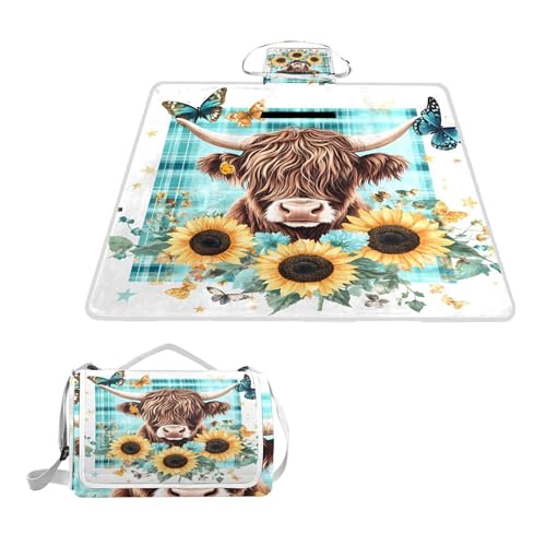 ALAZA Rechteckige, wasserdichte Picknickdecke, Kuh, Rosen, Sonnenblumen, Schmetterling, tragbar, faltbar, für den Innenbereich, für Reisen, Wandern, Camping, Park, 150 cm x 145 cm von alaza