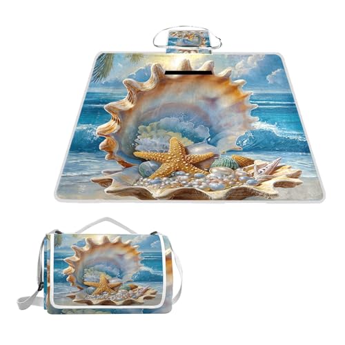 ALAZA Rechteckige, wasserdichte Picknickdecke, Muschel, Strand, Seestern, tragbar, faltbar, für den Innenbereich, für Reisen, Wandern, Camping, Park, 150 cm x 145 cm von alaza