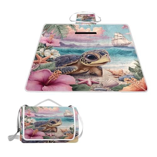 ALAZA Rechteckige, wasserdichte Picknickdecke, Schildkröte am tropischen Strand, tragbar, faltbar, für den Innenbereich, Matte für Reisen, Wandern, Camping, Park, 150 cm x 145 cm von alaza