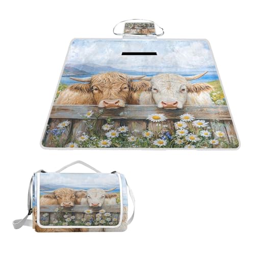 ALAZA Rechteckige wasserdichte Picknickdecke, Hochlandkühe Gänseblümchen, tragbar, faltbar, für den Innenbereich, für Reisen, Wandern, Camping, Park, 150 cm x 145 cm von alaza