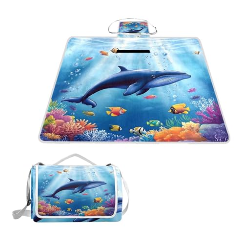 ALAZA Rechteckige wasserdichte Picknickdecke, Wal, tragbar, faltbar, für den Innenbereich, für Reisen, Wandern, Camping, Park, 150 cm x 145 cm von alaza