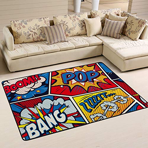 ALAZA Retro-Comic-Pop-Art-Teppich, bunt, 1,2 m x 1,8 m, für den Innenbereich, leichte Polyester-Bodenmatte für Wohnzimmer, Schlafzimmer, Wohnheim von alaza