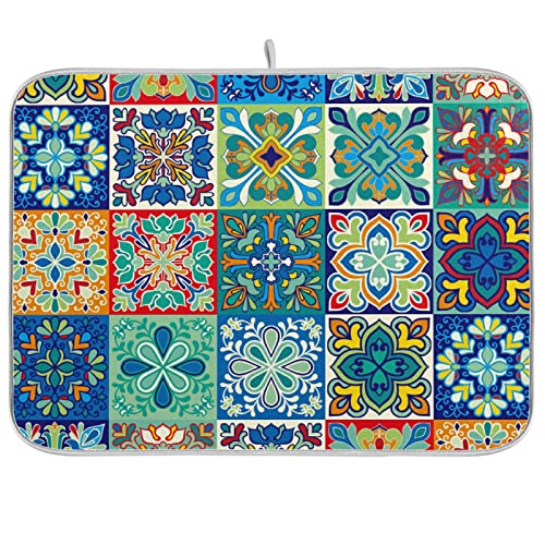 Abtropfmatte für Küchentheke, bunte Blumenmuster, Boho-Blumen, Mosaik, Abtropfmatte, 45,7 x 61 cm, Abtropfmatte, Flaschen, Geschirr, Trockenpolster, Schutz für Küchenarbeitsplatten von alaza