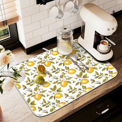 Abtropfmatte für Küchentheke, große Mikrofaser-Abtropfmatte, Blume, Zitronenblätter, 60 x 45 cm, saugfähige Kaffeemaschinen-Schutzmatte von alaza