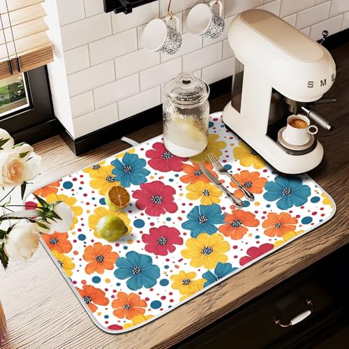 Abtropfmatte für Küchentheke, große Mikrofaser-Abtropfmatte, Blume, gepunktet, 60 x 45 cm, saugfähige Kaffeemaschinen-Schutzmatte von alaza