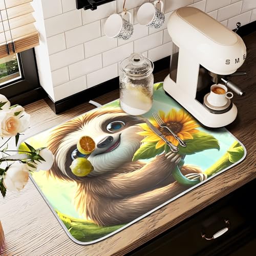 Abtropfmatte für Küchentheke, große Mikrofaser-Abtropfmatte, Faultier, Sonnenblume, 60 x 45 cm, saugfähige Kaffeemaschinen-Schutzmatte Abtropfmatte für Küchentheke, große Mikrofaser-Abtropfmatte, Faultier, Sonnenblume, 60 x 45 cm, saugfähige Kaffeemaschinen-Schutzmatte von alaza