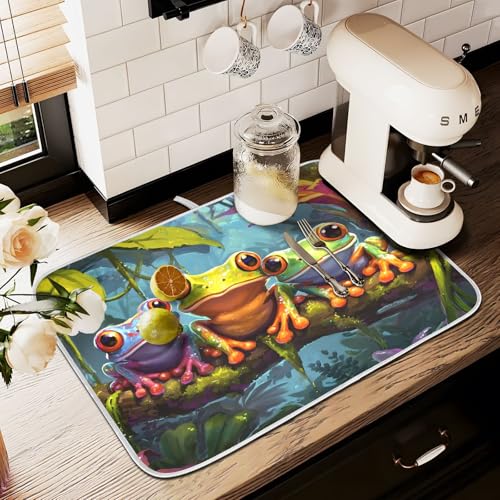 Abtropfmatte für Küchentheke, große Mikrofaser-Abtropfmatte, Frosch, tropischer Regenwald, 60 x 45 cm, saugfähige Kaffeemaschinen-Schutzmatte Abtropfmatte für Küchentheke, große Mikrofaser-Abtropfmatte, Frosch, tropischer Regenwald, 60 x 45 cm, saugfähige Kaffeemaschinen-Schutzmatte von alaza