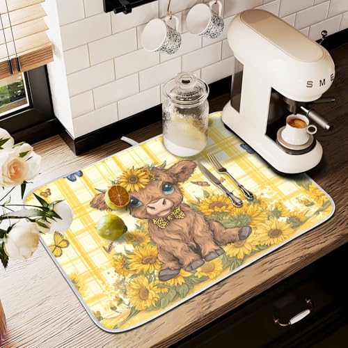 Abtropfmatte für Küchentheke, große Mikrofaser-Abtropfmatte, Hochlandkuh, Baby-Sonnenblumen, 60 x 45 cm, saugfähige Kaffeemaschinen-Schutzmatte Abtropfmatte für Küchentheke, große Mikrofaser-Abtropfmatte, Hochlandkuh, Baby-Sonnenblumen, 60 x 45 cm, saugfähige Kaffeemaschinen-Schutzmatte von alaza