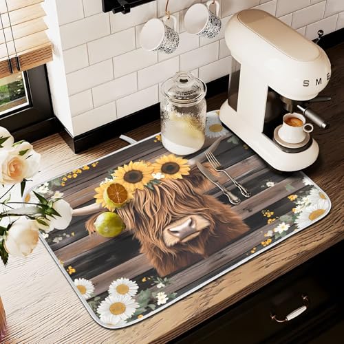 Abtropfmatte für Küchentheke, große Mikrofaser-Abtropfmatte, Hochlandkuhkopf, Blumenmuster, 60 x 45 cm, saugfähige Kaffeemaschinen-Schutzmatte Abtropfmatte für Küchentheke, große Mikrofaser-Abtropfmatte, Hochlandkuhkopf, Blumenmuster, 60 x 45 cm, saugfähige Kaffeemaschinen-Schutzmatte von alaza