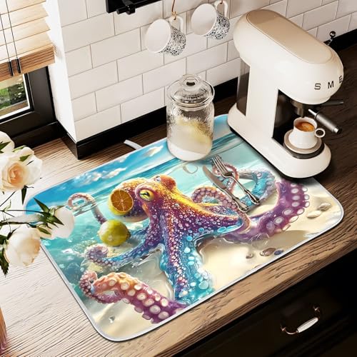 Abtropfmatte für Küchentheke, große Mikrofaser-Abtropfmatte, Oktopus, Strand, 60 x 45 cm, saugfähige Kaffeemaschinen-Schutzmatte Abtropfmatte für Küchentheke, große Mikrofaser-Abtropfmatte, Oktopus, Strand, 60 x 45 cm, saugfähige Kaffeemaschinen-Schutzmatte von alaza