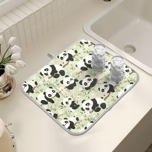 Abtropfmatte für Küchentheke, große Mikrofaser-Abtropfmatte, Panda-Blumen, 40 x 45 cm, saugfähige Kaffeemaschinen-Schutzmatte von alaza