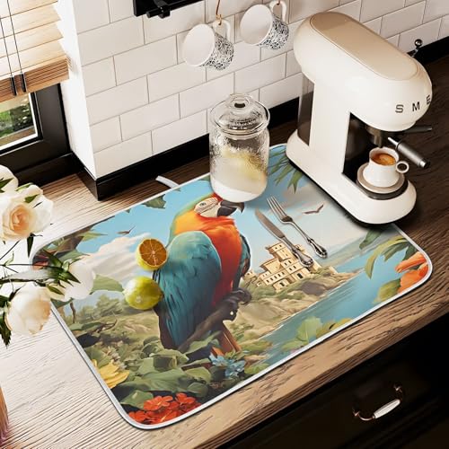 Abtropfmatte für Küchentheke, große Mikrofaser-Abtropfmatte, Papagei, tropischer Strand, 60 x 45 cm, saugfähige Kaffeemaschinen-Schutzmatte Abtropfmatte für Küchentheke, große Mikrofaser-Abtropfmatte, Papagei, tropischer Strand, 60 x 45 cm, saugfähige Kaffeemaschinen-Schutzmatte von alaza