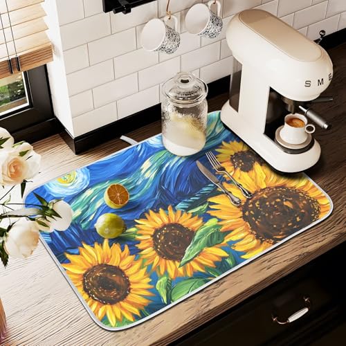 Abtropfmatte für Küchentheke, große Mikrofaser-Abtropfmatte, Sonnenblumen, Himmel, 60 x 45 cm, saugfähige Kaffeemaschinen-Schutzmatte Abtropfmatte für Küchentheke, große Mikrofaser-Abtropfmatte, Sonnenblumen, Himmel, 60 x 45 cm, saugfähige Kaffeemaschinen-Schutzmatte von alaza