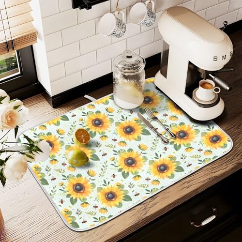 Abtropfmatte für Küchentheke, große Mikrofaser-Abtropfmatte, Sonnenblumen-Blume, Biene, 60 x 45 cm, saugfähige Kaffeemaschinen-Schutzmatte von alaza