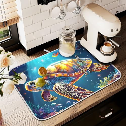 Abtropfmatte für Küchentheke, große Mikrofaser-Abtropfmatte, bunte Meeresschildkröte, Mond, 60 x 45 cm, saugfähige Kaffeemaschinen-Schutzmatte Abtropfmatte für Küchentheke, große Mikrofaser-Abtropfmatte, bunte Meeresschildkröte, Mond, 60 x 45 cm, saugfähige Kaffeemaschinen-Schutzmatte von alaza