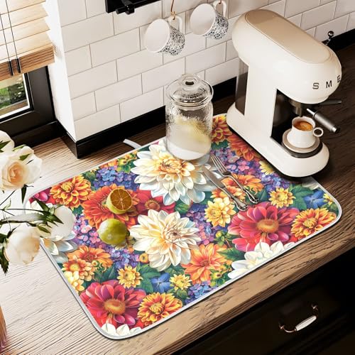 Abtropfmatte für Küchentheke, große Mikrofaser-Abtropfmatte, mehrfarbige Dahlie-Blumen, 60 x 45 cm, saugfähige Kaffeemaschinen-Schutzmatte von alaza