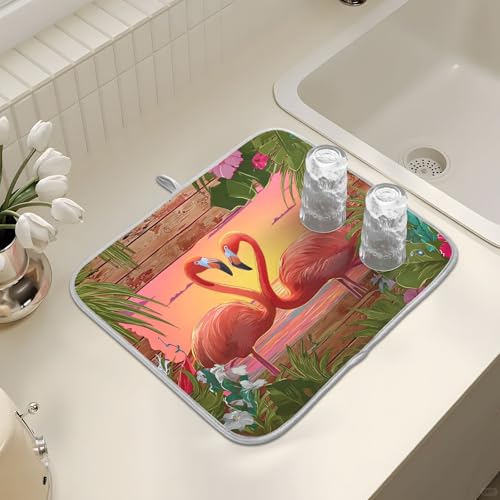 Abtropfmatten für Küchentheke, große Mikrofaser-Abtropfmatte, Flamingo, tropische Pflanzen, 40 x 45 cm, saugfähige Kaffeemaschinen-Schutzmatte von alaza