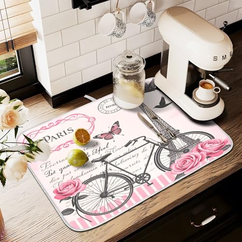 Abtropfmatten für Küchentheke, große Mikrofaser-Abtropfmatte, Paris-Turm, Fahrrad, Rose, 60 x 45 cm, saugfähige Kaffeemaschinen-Schutzmatte Abtropfmatten für Küchentheke, große Mikrofaser-Abtropfmatte, Paris-Turm, Fahrrad, Rose, 60 x 45 cm, saugfähige Kaffeemaschinen-Schutzmatte von alaza