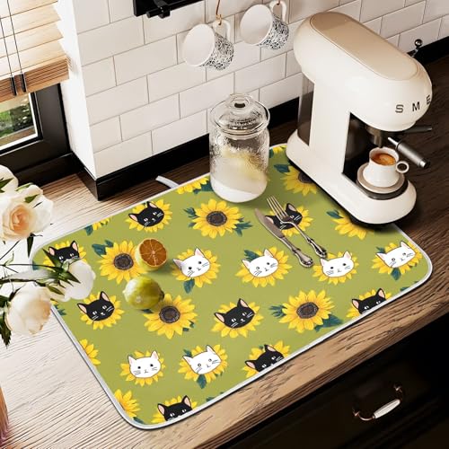 Abtropfmatten für Küchentheke, große Mikrofaser-Abtropfmatte, Sonnenblumen-Blume, schwarz-weiße Katze, 60 x 45 cm, saugfähige Kaffeemaschinen-Schutzmatte von alaza