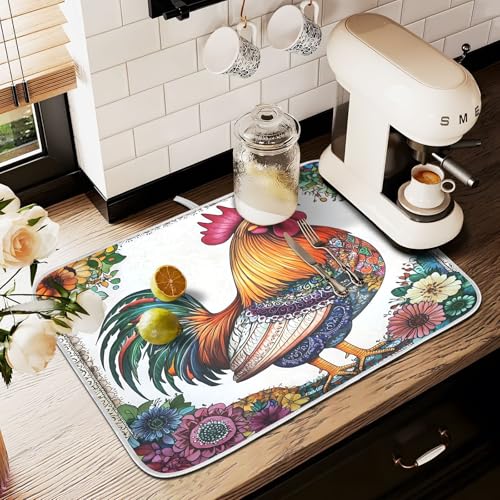 Abtropfmatten für Küchentheke, große Mikrofaser-Abtropfmatte, schöner Hahn, Huhn, Blume, 60 x 45 cm, saugfähige Kaffeemaschinen-Schutzmatte Abtropfmatten für Küchentheke, große Mikrofaser-Abtropfmatte, schöner Hahn, Huhn, Blume, 60 x 45 cm, saugfähige Kaffeemaschinen-Schutzmatte von alaza
