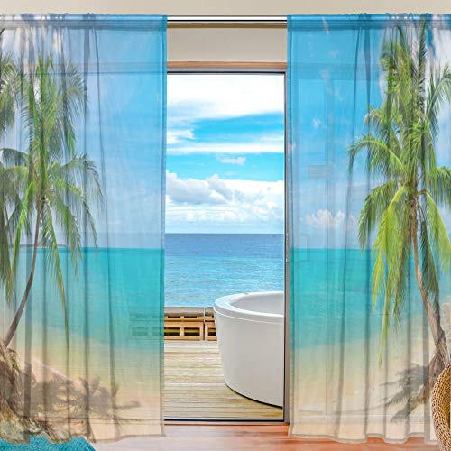 Alaza transparenter Voile-Vorhang für Fenster, Landschaft, Sonnenuntergang, Küste, Polyester-Material für Schlafzimmer, Dekoration, Zuhause, Türdekoration, Küche, Wohnzimmer, 2 Vorhänge, 213 von alaza