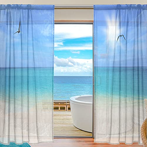 Durchsichtige Voile-Vorhänge, Möwen, Strandlandschaft, Sonne, Polyestergewebe, Fenster-Netzvorhang für Schlafzimmer, Wohnzimmer, Heimdekoration, 2 Paneele, 213,4 x 139,7 cm von alaza