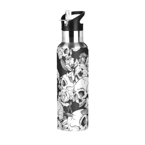 Gothic Skull Wasserflasche mit Trinkhalm, Zuckerschädel, florales Deckel, Thermoskanne für Kinder, isoliert, Edelstahl, Sport, 600 ml heiß kalt von alaza