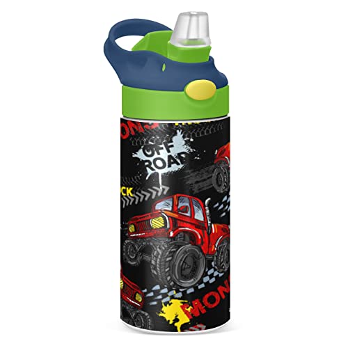 Kinder-Trinkflasche mit Strohhalm, moderner Monster-Truck, kleine Thermosflasche, wärmeisoliert, Edelstahl-Wasserflasche, Sport, heiß und kalt, 350 ml von alaza