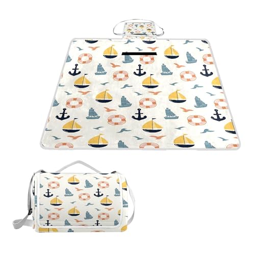 Rechteckige, wasserdichte Picknickdecke, niedlicher Cartoon-Anker, Segelboot, tragbar, faltbar, für den Innenbereich, Matte für Reisen, Wandern, Camping, Park, 150 cm x 145 cm von alaza