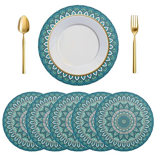 Runde Platzsets, 6er-Set, türkis, indisches Mandala, Bohemian-Esstisch, Tischsets, Küchen-Platzdeckchen, hitzebeständig, Tischmatten für Zuhause, Urlaub, Party, Dekoration, Weihnachtsdekoration, von alaza