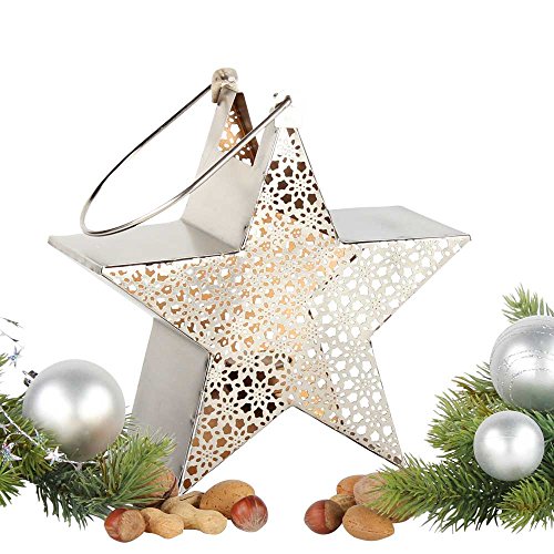 albena shop Chunni Metall Windlicht Stern 23cm (Silber/innen Gold) Kerzenhalter, dekorative Tischdekoration für die Advent-und Weihnachtszeit von albena shop