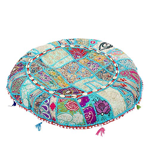 albena shop Jevana orientalisches Sitzkissen(ø 55cm, türkis) Dekokissen im Patchwork-Design, orientalisches Wohnen und Einrichten von albena shop