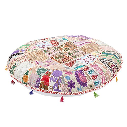 albena shop Jevana orientalisches Sitzkissen (ø 40cm, Weiss) Dekokissen im Patchwork-Design, orientalisches Wohnen und Einrichten von albena shop