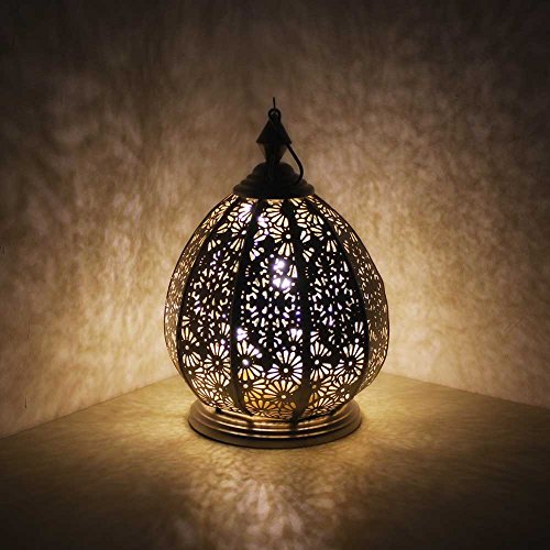 albena shop Orientalisches Windlicht Laterne SALONI Silber mit LED Lichterkette, Metall Tischlaterne Marokkanische Art, Ramadan Dekoration von albena shop