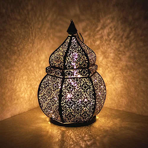 albena shop Orientalisches Windlicht Teja schwarz innen Gold mit LED Lichterkette | Erzeugt tolle Lichteffekte und Schatten | Tischlaterne Marokkanische Art, Ramadan Dekoration von albena shop