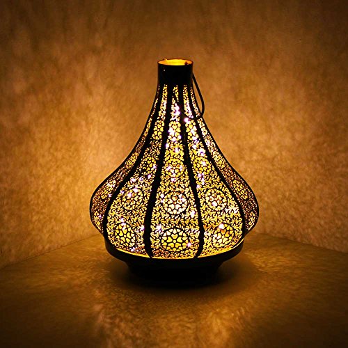 albena shop orientalische Laterne aus Metall, Jadoo 30cm Gold mit LED-Lichterkette, Tischlaterne Herbst Winter Dekoration hängend oder stehend für Wohnzimmer Wintergarten Gartenlaube Pavillon von albena shop