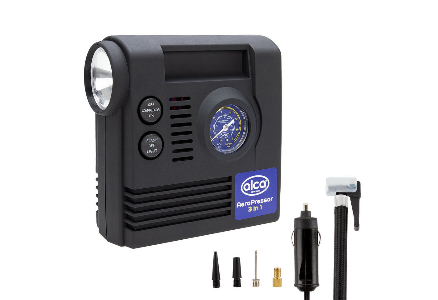 alca Kompressor Auto Kompressor mini 3in1 mit Licht, elektrische Luftpumpe 12V, 21 bar, 120 W von alca