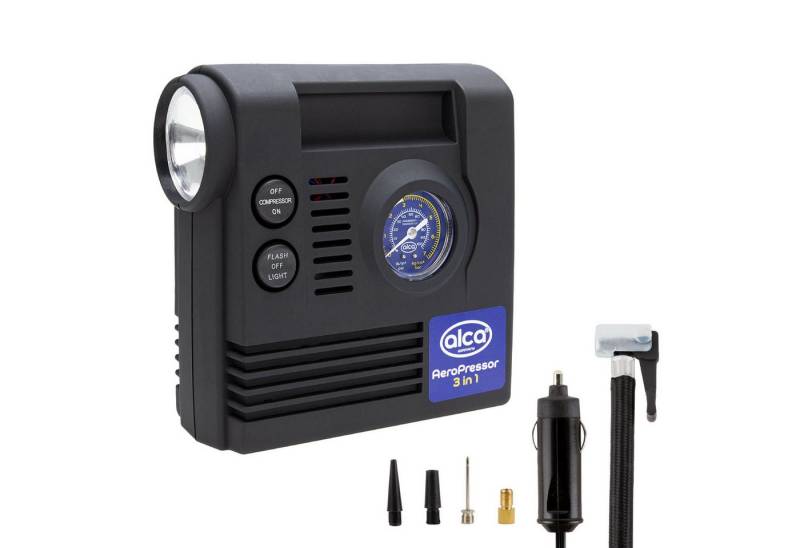 alca Kompressor Auto Kompressor mini 3in1 mit Licht, elektrische Luftpumpe 12V, 21 bar, 120 W, max. 7 bar, Set von alca