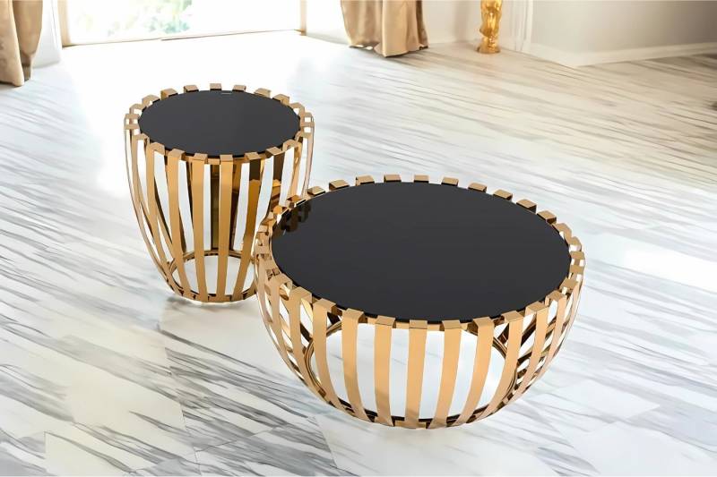 alesvelt Beistelltisch Couchtisch Set gold gehärtete Glasplatte (2er-Set), 55x53cm, 90x40cm gehärtete Glasplatte von alesvelt