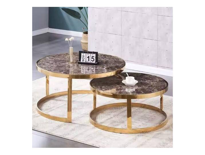 alesvelt Beistelltisch Set Couchtisch Set echtes Marmor (2er-Set), echte Marmortischplatten 90x46cm 75 x 37cm, braun, braun-gold von alesvelt