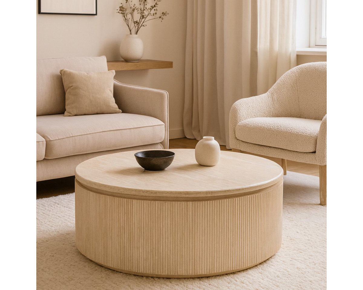 alesvelt Couchtisch Lunado Travertin Tischplatte in edlem Säulenstil 100 cm (1-Stück), Ø100 cm 45cm Höhe von alesvelt