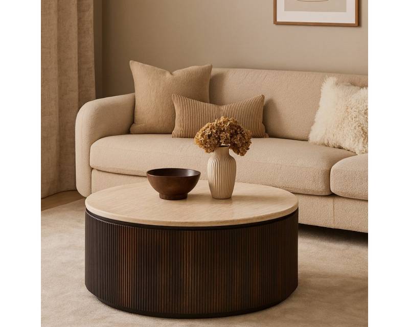 alesvelt Couchtisch Lunado Travertin Tischplatte in edlem Säulenstil 100 cm (1-Stück), Ø100 cm 45cm Höhe von alesvelt