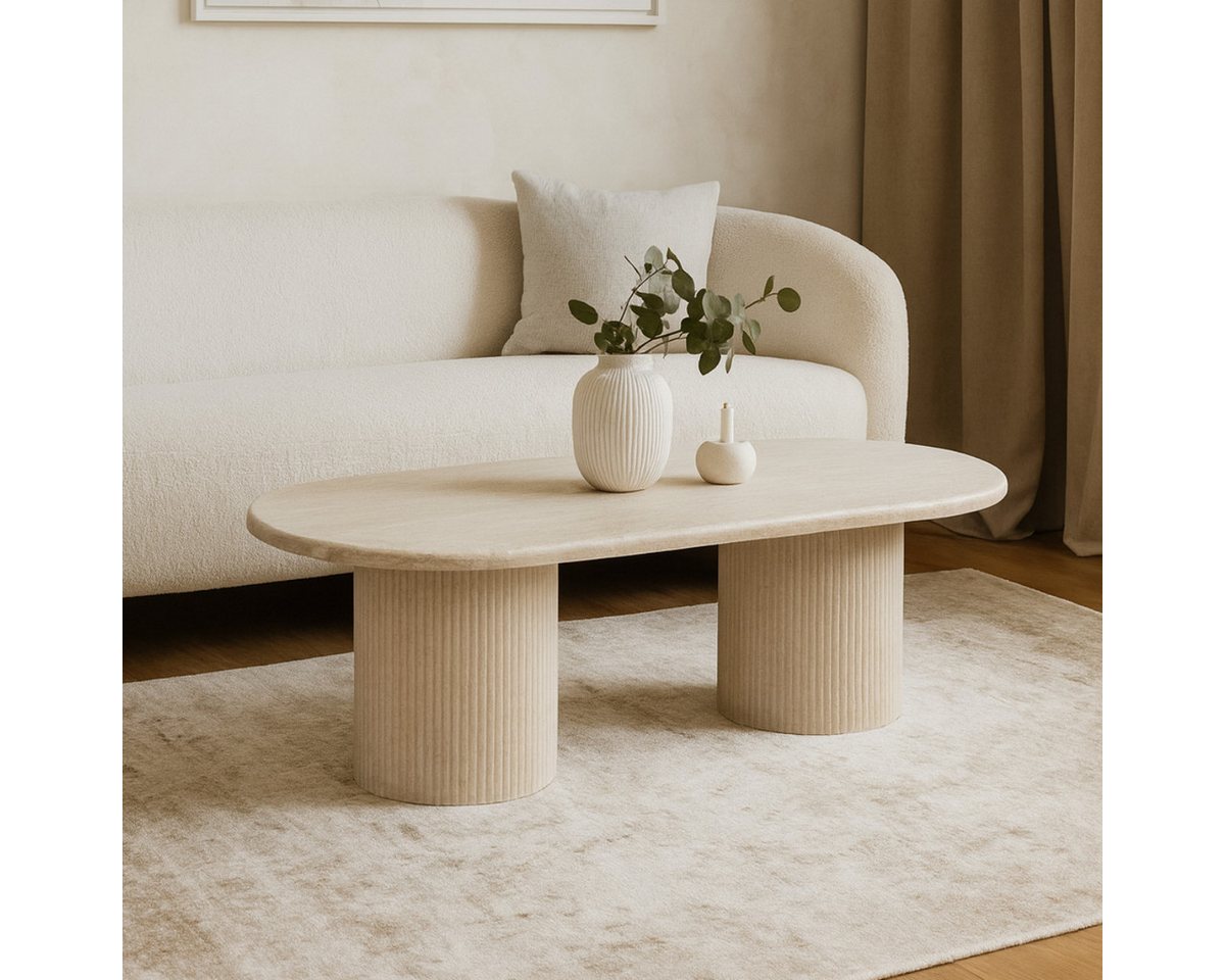 alesvelt Couchtisch ovale Trivento Travertin-Tischplatte Tischbeine im Säulenstil modern (1 Tisch), 130x70x45 cm, Travertin-Tischplatte von alesvelt