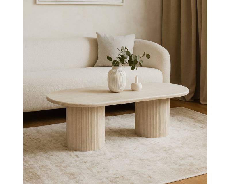 alesvelt Couchtisch ovale Trivento Travertin-Tischplatte Tischbeine im Säulenstil modern (1 Tisch), 130x70x45 cm, Travertin-Tischplatte von alesvelt