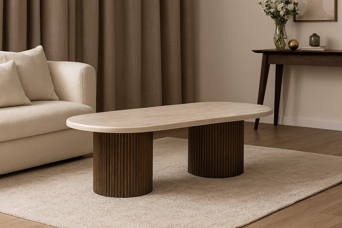 alesvelt Couchtisch ovale Trivento Travertin-Tischplatte Tischbeine im Säulenstil modern (1 Tisch), 130x70x45 cm, Travertin-Tischplatte von alesvelt