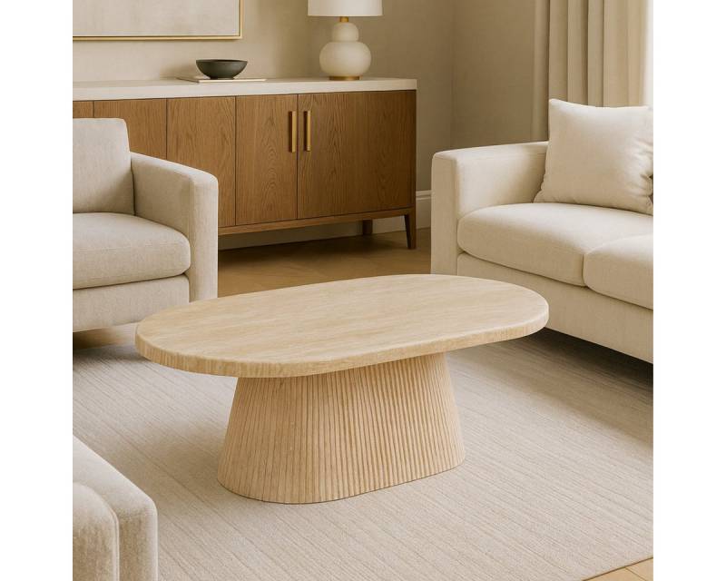 alesvelt Couchtisch Dervio Travertin Tisch mit edlem Tischbein im Säulenstil 130cm (1-Tisch), 90X90X38 CM 70X70X45 CM von alesvelt