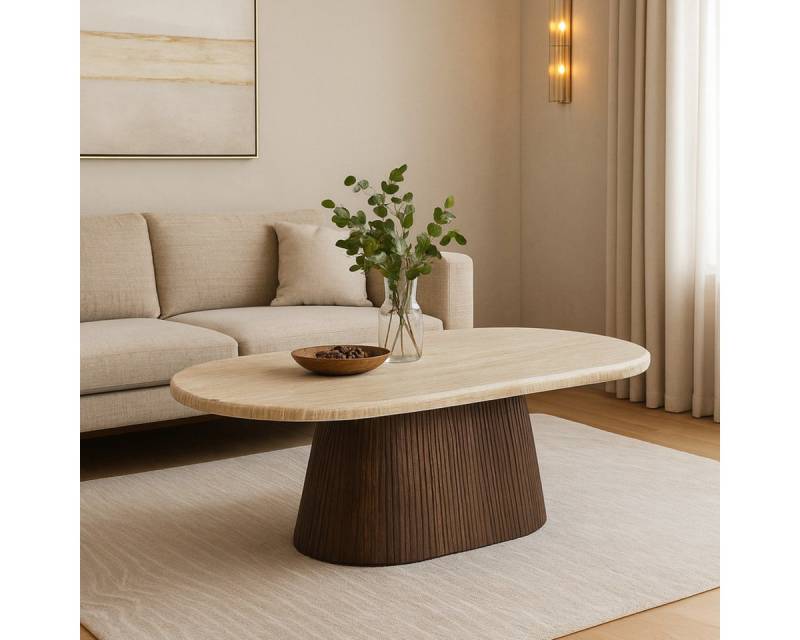 alesvelt Couchtisch Dervio Travertin Tisch mit edlem Tischbein im Säulenstil 130cm (1-Tisch), 90X90X38 CM 70X70X45 CM von alesvelt