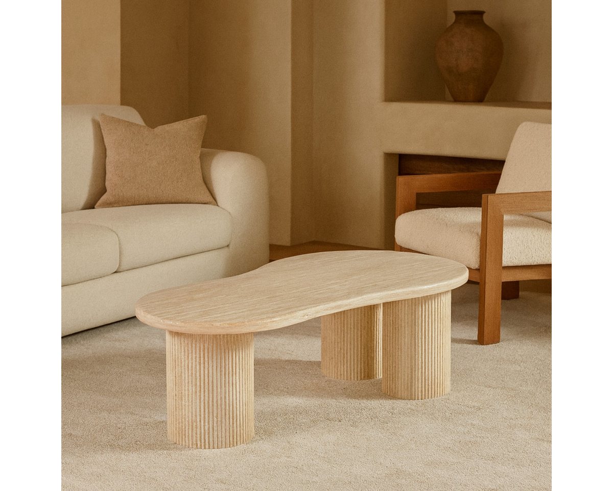 alesvelt Couchtisch Fabro mit Travertin TIschplatte Tischbeine im edlen Säulenstil 140cm (1-Tisch), 140 x 80 x 45 cm von alesvelt