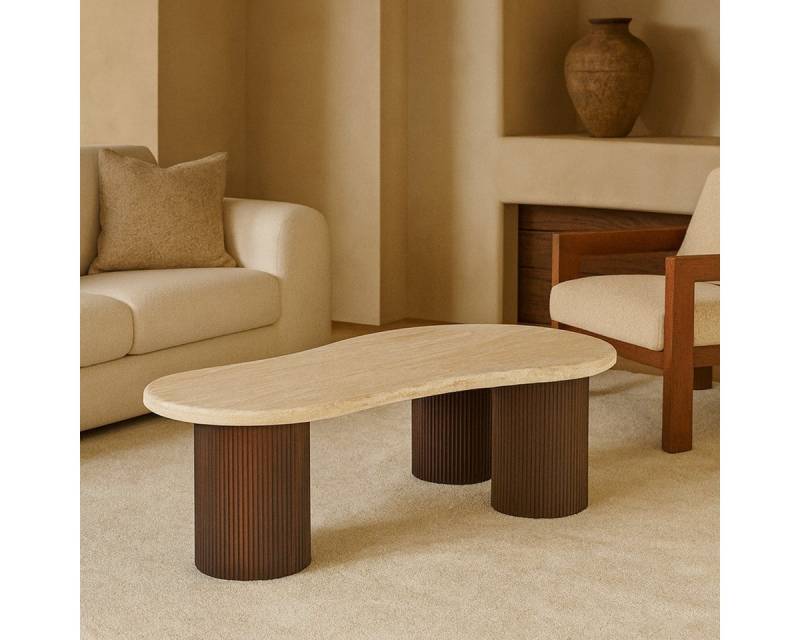 alesvelt Couchtisch Lucano mit Travertin TIschplatte Tischbeine im edlen Säulenstil 140cm (1-Tisch), 140 x 80 x 45 cm von alesvelt